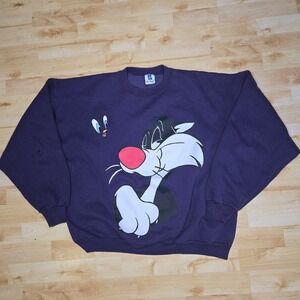 Vtg 1995 Six Flags Looney Tunes Purple Boxy Crew‎ Neck Sweatshirt XXL